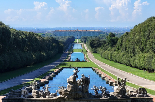 The Royal Palace of Caserta, north of Naples, covers a huge area of land and is decorated in ornate marble statues.