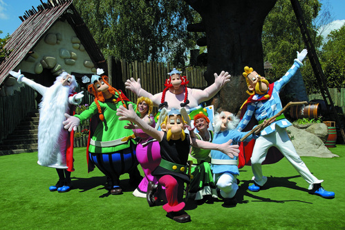 The Parc Astérix characters together at a theme park