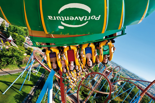 Students enjoying a rollercoaster at PortAventura, Spain.